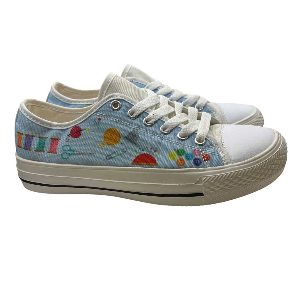 Women's Size 6 Low Top Sneakers Sewing Craft Pattern Blue Casual‎ Shoes